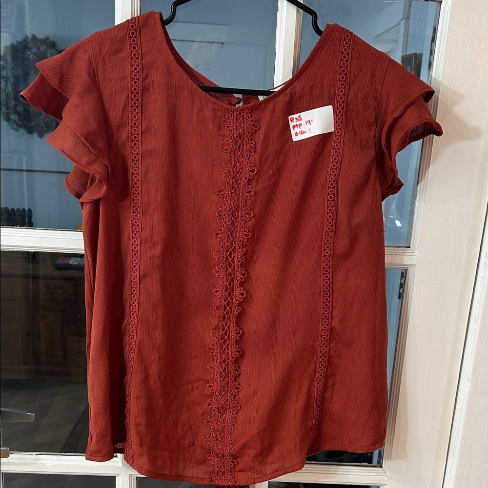 mine Brick Red Lace-Trim Flutter Sleeve Blouse